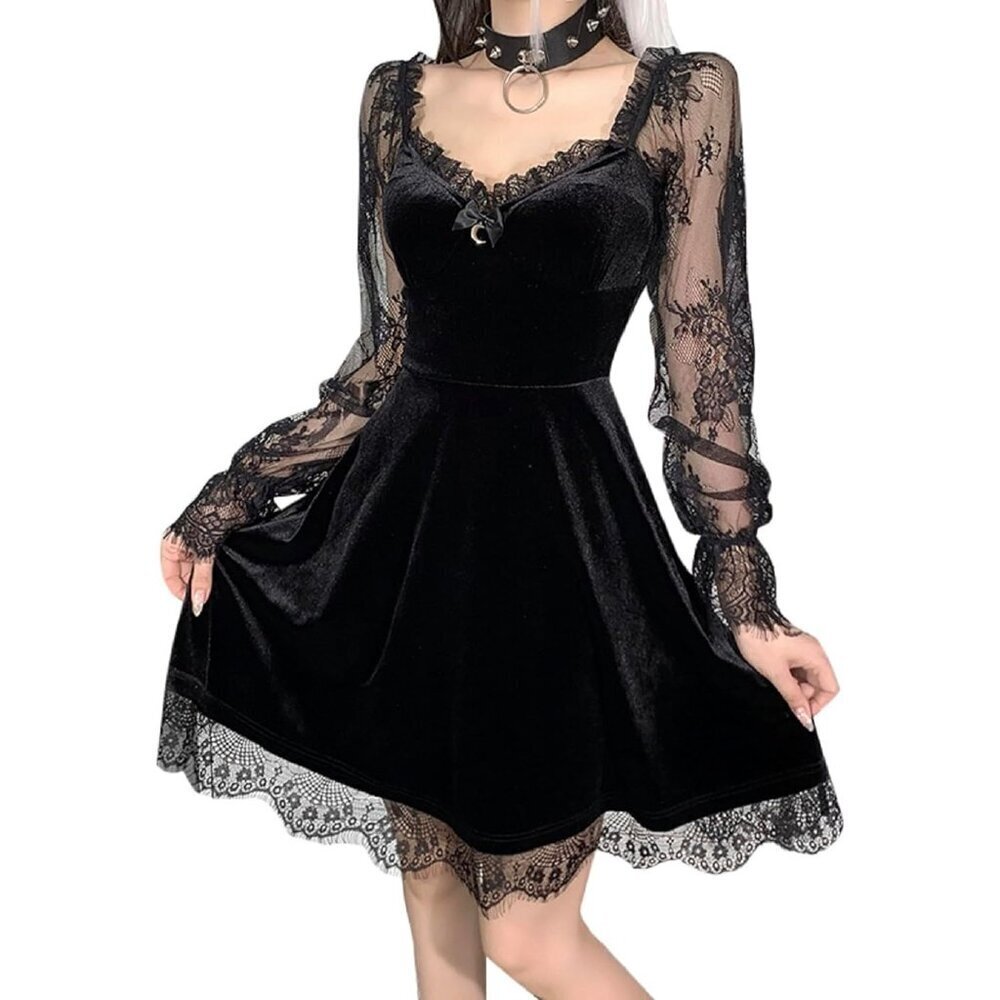 Women's Goth Witchy Dress Velvet Moon Fairy Lolita Dresses Long Sleeve Dress